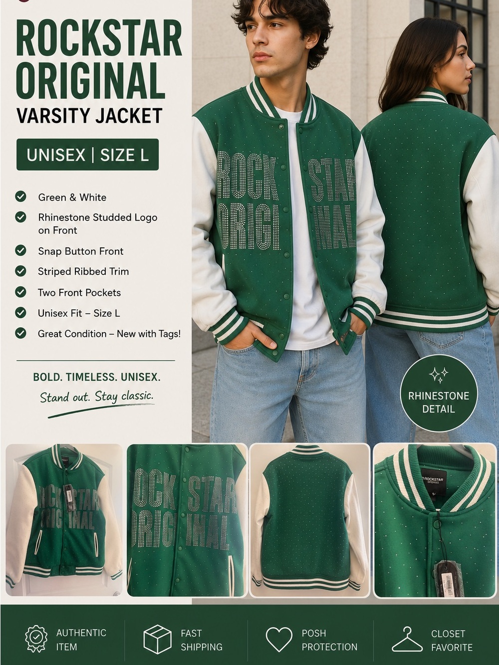 Rockstar Original Green & White Rhinestone Varsity Bomber Jacket